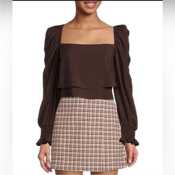 GIANNI BINI Brown‎ Cropped Peasant Blouse Top Puff Sleeve Square Neck Small New - Picture 1 of 11